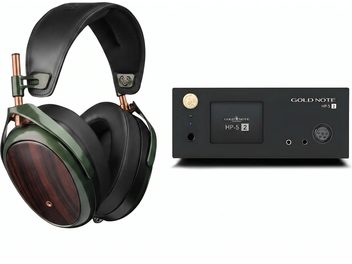 Cuffie Gold Note HP-5 verdi con padiglioni effetto legno, presentate con il loro amplificatore HP-5 2 nero