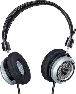 Offener Hi-Fi-Kopfhörer Grado SR325x, schwarzes Lederhauptband, runde Ohrmuscheln mit Metallgitter, versilberte Wandler, schwarzes geflochtenes Kabel