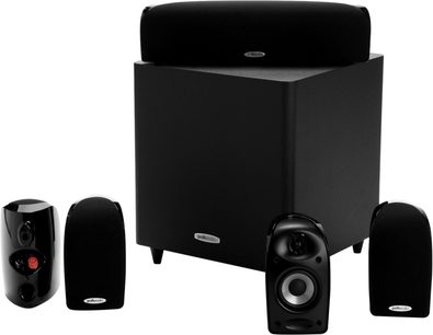 Polk Audio TL1600 sort kompakt højttalerpakke, 5 elementer, kubisk subwoofer, satellithøjttalere