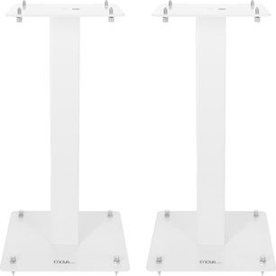 Enova HIFI MAJESTY 50 WH, dwa białe stojaki na głośniki, widok z przodu, kwadratowe podstawy, pionowe pręty, metalowe kolce