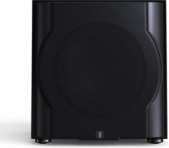 Perlisten D12s subwoofer sort, set forfra, sort gitter, runde fødder, logo nederst i midten