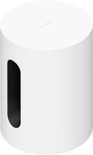 Hvid Sonos Sub Mini-subwoofer, perspektivisk visning med sort sideåbning
