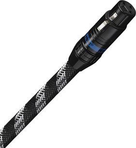 Digitalt AES/EBU-lydkabel med sort XLR-stik, sort og hvid flettet kappe, blå ring på stikket