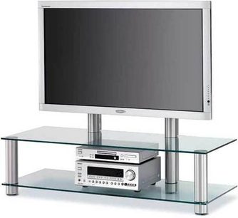 Spectral Panel PL141 gennemsigtigt TV-møbel i glas med fladskærmsholder, hylde til enheder og forkromede ben