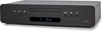 Atoll CD50 Signature CD-afspiller, mat sort rektangulært kabinet, front med knapper, blåt display, CD-sprække