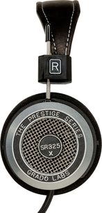 Grado SR325x avoin hi-fi-kuuloke, etunäkymä, pyöreä metallinen ritilä, musta nahkainen sanka, hopeanhohtoinen kaiutinkalvo, musta "R"-logo