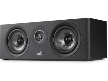 Enceinte centrale Polk R30 noire, vue de face, 2 haut-parleurs circulaires, logo "Polk Audio" au centre