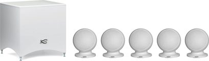 Pack 5.1 Alcyone 3 mat hvid, kubisk subwoofer med fødder, 5 sfæriske højttalere på stativer