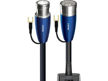 Subwooferový kabel Audioquest Husky 72V DBS XLR, černý oplet, modro/stříbrné kovové konektory, modul DBS, čelní pohled