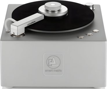Platespiller ClearAudio Smart Matrix Silent sølv, sett ovenfra, svart tallerken, sølvfarget tonearm, knapper og hjul på siden