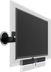 Sortmalet vægbeslag, set forfra, med udfoldet drejeligt armsving mod højre og rektangulær sort TV-skærm monteret derpå