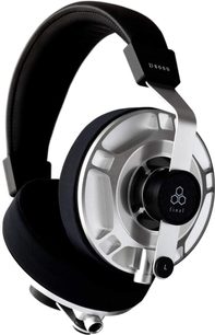Fones de ouvido hi-fi abertos Final D8000 prata, vistos de perfil esquerdo, conchas prateadas e almofadas pretas, arco acolchoado preto