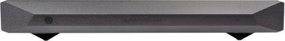 Nuprime Evolution STA SE black power amplifier, front view, angular front panel and conical feet