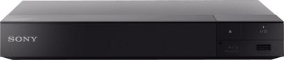 Sony BDP-S6500 4K Blu-ray-afspiller, set forfra, aflang rektangulær sort form, blank front, Sony-logo, knapper og porte på forsiden