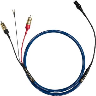 Cardas Clear Cygnus phono-kabel 1m med blå kappe, røde og gyldne RCA-stik, sorte ledninger og hvide inskriptioner