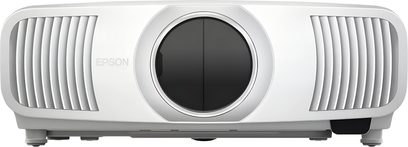 Epson EH-LS9000W white plastic video projector, front view, central black lens, side ventilation grilles