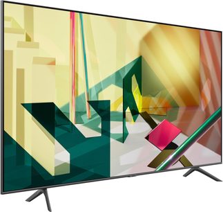 Samsung QE85Q70T 2020 85 tommer fladskærms-TV, frontvisning, der viser farverige abstrakte geometriske former