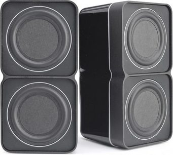 To kompakte sorte Cambridge Audio Minx Min20 højttalere set forfra og bagfra på en lys grå baggrund