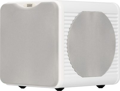 Subwoofer Velodyne MicroVee X branco, vista em três quartos com grelhas brancas na frente e na lateral