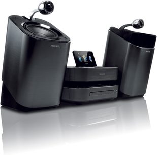 Philips MCI900 sølvfarvet mini hi-fi-anlæg bestående af to sorte højttalere og en central enhed med skærm og CD-afspiller