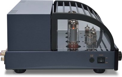 Amplificatore integrato hi-fi PrimaLuna Evo 200 nero, vista frontale, 4 valvole termoioniche, interruttore, presa per cuffie, chassis metallico