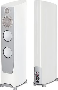 Paradigm Persona 3F oszlopos hangszóró fehér lakkos dobozban világosszürke homlokzattal, háromnegyedes elől és hátulról nézetben, felszerelve egy csavart és egy középhangszóróval kör alakú fém rács alatt, két látható alumínium mélyhangszóróval és dupla csatlakozókkal a hátulján.