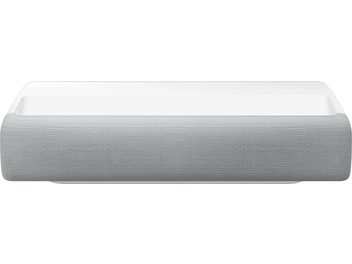 Videoproiector Samsung The Premiere SP-LSP7TFA alb, vedere frontală, formă rectangulară rotunjită, grilă de difuzoare gri