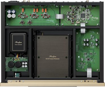 Hifi-CD-spelare Accuphase DP-570, vy ovanifrån, gröna kretskort, elektroniska komponenter, svart transformator