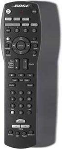 Mando a distancia negro Bose 321 GSX MovieBox, vista frontal, con botones y rueda de control plateados sobre fondo negro mate