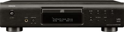 Denon DCD-510 sort CD-afspiller, frontvisning, digitalt display, kontrolknapper og CD-bakke på børstet aluminiumsfacade