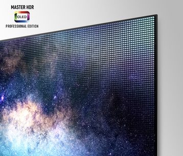 Panasonic TX-65HZ2000E OLED-tv set forfra, slukket skærm med flerfarvede pixelmønstre på sort baggrund