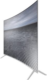 Sidevisning af den buede Samsung UE43KS7500-tv med slukket skærm, der viser de buede linjer på den grå overflade