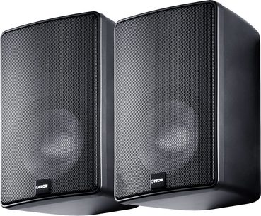 Coppia di diffusori hi-fi compatti Canton Plus XL.3 neri, con pannello frontale in metallo a griglia, vista da tre quarti