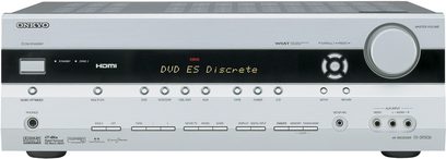Front view of the Onkyo TX-SR506 home theater receiver, silver front panel with buttons, inputs, display, and volume knob