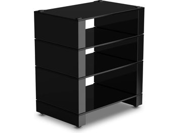Mebel Hi-Fi Monitor Audio Blok Stax 2G, widok z trzech czwartych, czarna konstrukcja, trzy półki, kwadratowe nogi