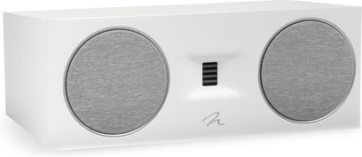 MartinLogan Motion C10 centrale luidspreker in wit lakwerk met 2 grijze ronde roosters en een zwarte rechthoekige tweeter in het midden