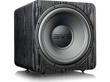 SVS SB-1000 PRO svart ask subwoofer, frontvisning, svart konisk høyttaler, mørk trekornert teksturert overflate, sølvfarget SVS-logo