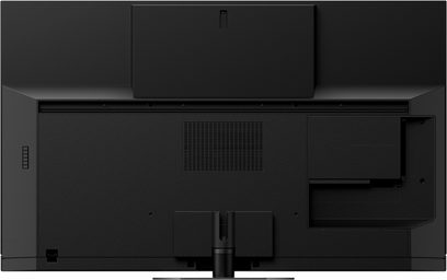 Panasonic TX-65HZ1500E-tv, set forfra, slukket skærm, sort, rektangulær base, stik på bagsiden