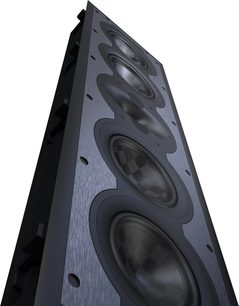 Altavoz empotrable en pared in-wall Perlisten S7i-LR, vista en contrapicado, frontal negro texturizado, 6 altavoces circulares alineados