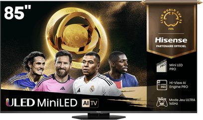 Hisense 85U8Q TV, glazen scherm, dun zwart frame, vooraanzicht, centrale standaard, weergave van spelers en logo's 85 inch