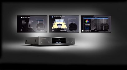 Cambridge Audio CXU sort Blu-ray 4K-afspiller. Billeder set forfra, oppefra og bagfra. Visning af skærme, knapper og tilslutninger