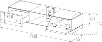Sonorous MD7145 audio-videomøbel med dimensioner i millimeter, perspektivisk frontvisning, i lyst træ med glashylder