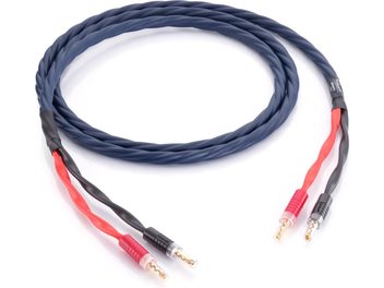 Kabel głośnikowy Inakustik Speaker 415 z wtykami bananowymi 2 x 3 m skręcany, widok z góry, niebieska ciemna osłona z tworzywa sztucznego, cztery złote metalowe wtyki bananowe oznaczone na czerwono i czarno