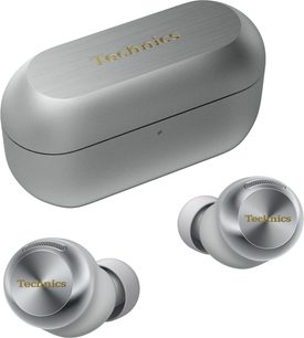 Auriculares hifi inalámbricos Bluetooth Technics EAH-AZ100E plateados con estuche ovalado plateado y auriculares circulares plateados