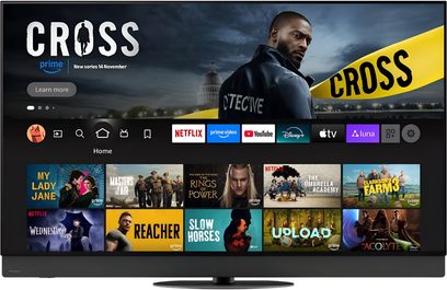 Panasonic TV-55Z95B sort højopløsnings-tv, flad glasskærm med slankt metalramme, integreret højttalerbar med stof og ovalt centralt fod, set forfra