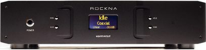 Rockna Wavedream audio DAC-konverter, frontvisning, blå skærm "Idle Coaxial", sorte knapper og stik