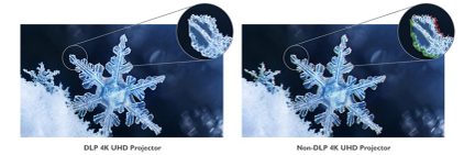 To snefnug af krystal med komplekse og detaljerede grene, den ene projiceret i 4K DLP og den anden ikke, på en mørk baggrund