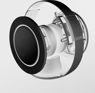 Bowers & Wilkins PV1D sort subwoofer, sfærisk, skålformet, højttaler og ventilationsåbning synlig, set fra siden
