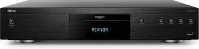 Reavon UBR-X100 sort 4K Blu-ray-afspiller, frontvisning, "REAVON"-display, knapper og stik på forsiden