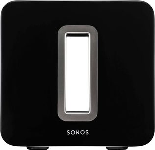 Sonos SUB sort lakeret baskabin, set forfra, rektangulær afrundet form med oval central åbning